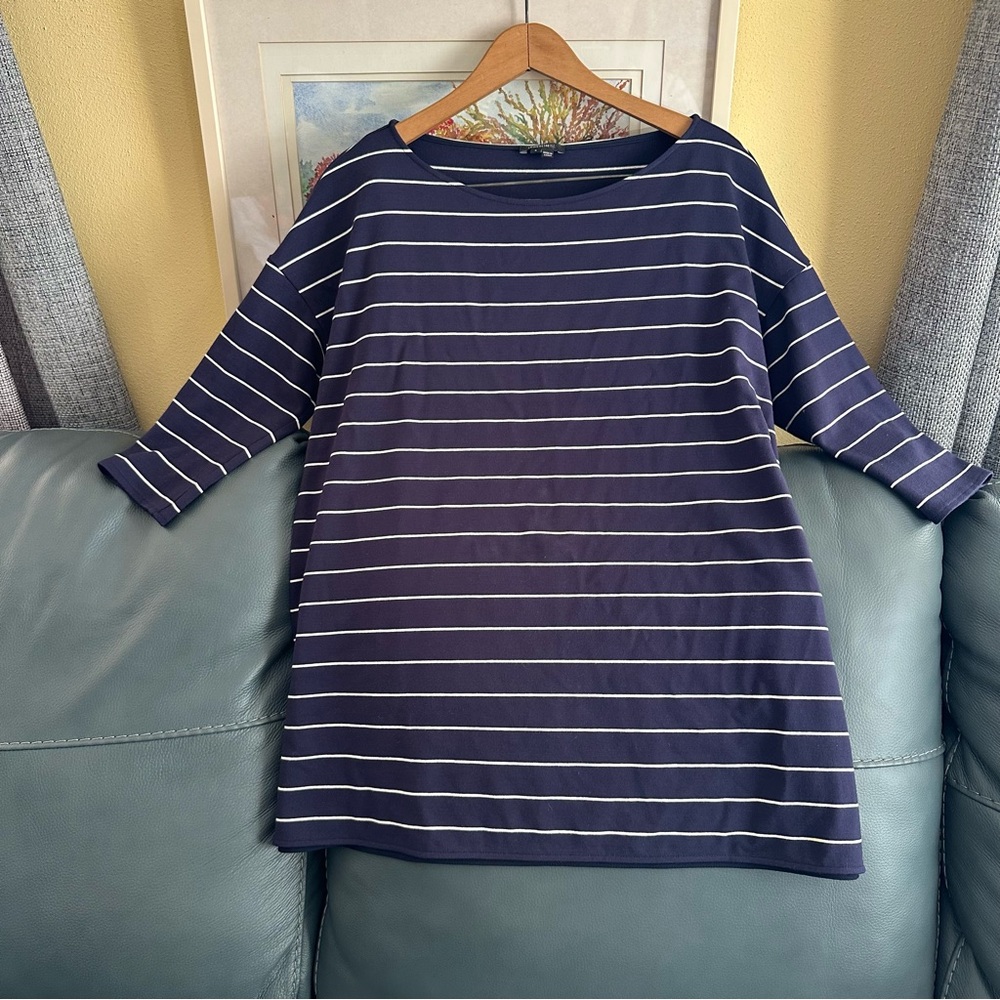 Lafayette 148 Navy Striped 3/4 Sleeve Top
